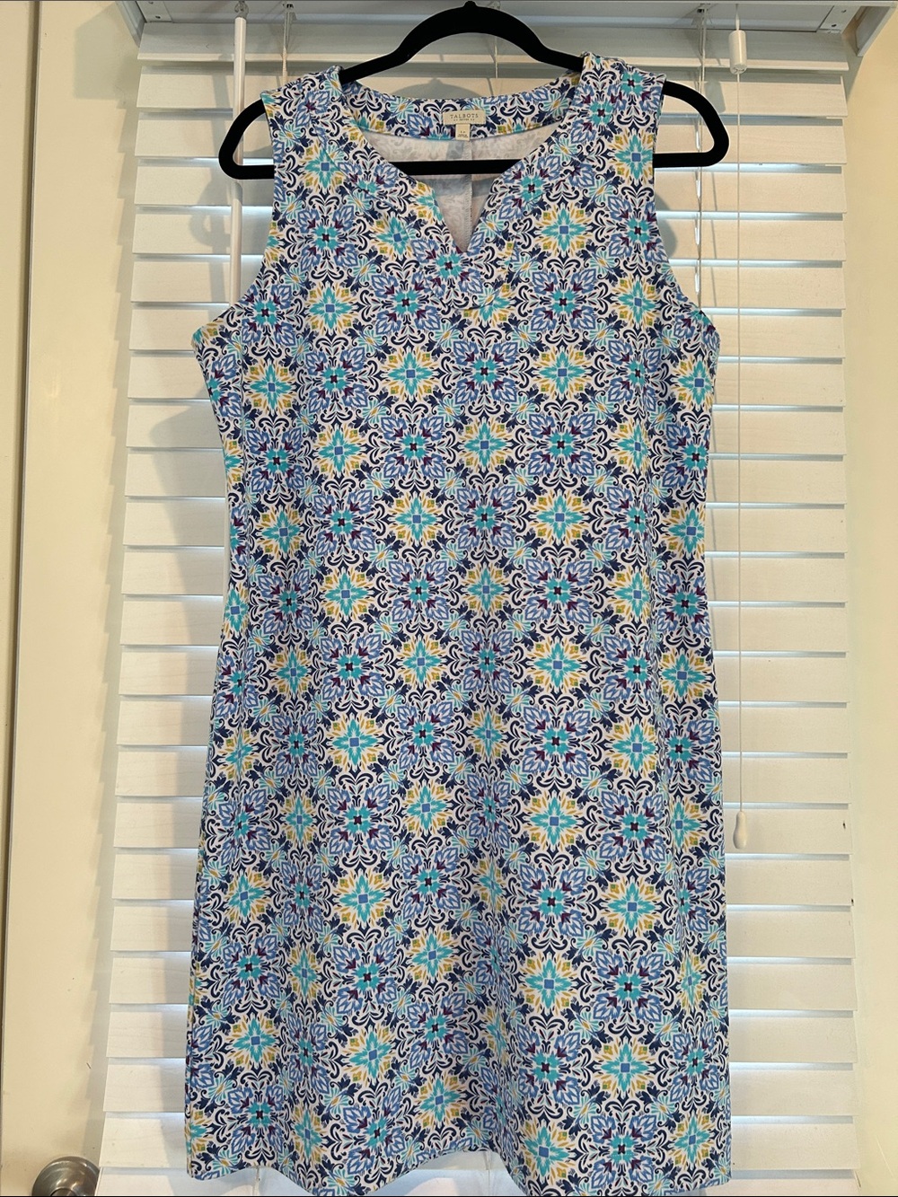 Talbots Blue, Turquoise and Yellow Sleeveless Tile-Print Shift Dress